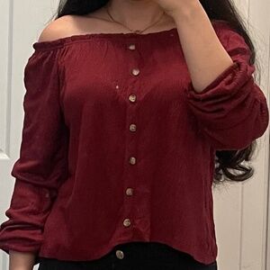 Bershka Burgundy Off The Shoulder Top with Buttons